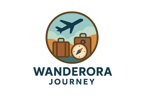 wanderora journey in round logo name under round circle and in round circle add travel and flight